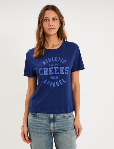 T-shirt col rond manches courtes bleu fonc&eacute; femme