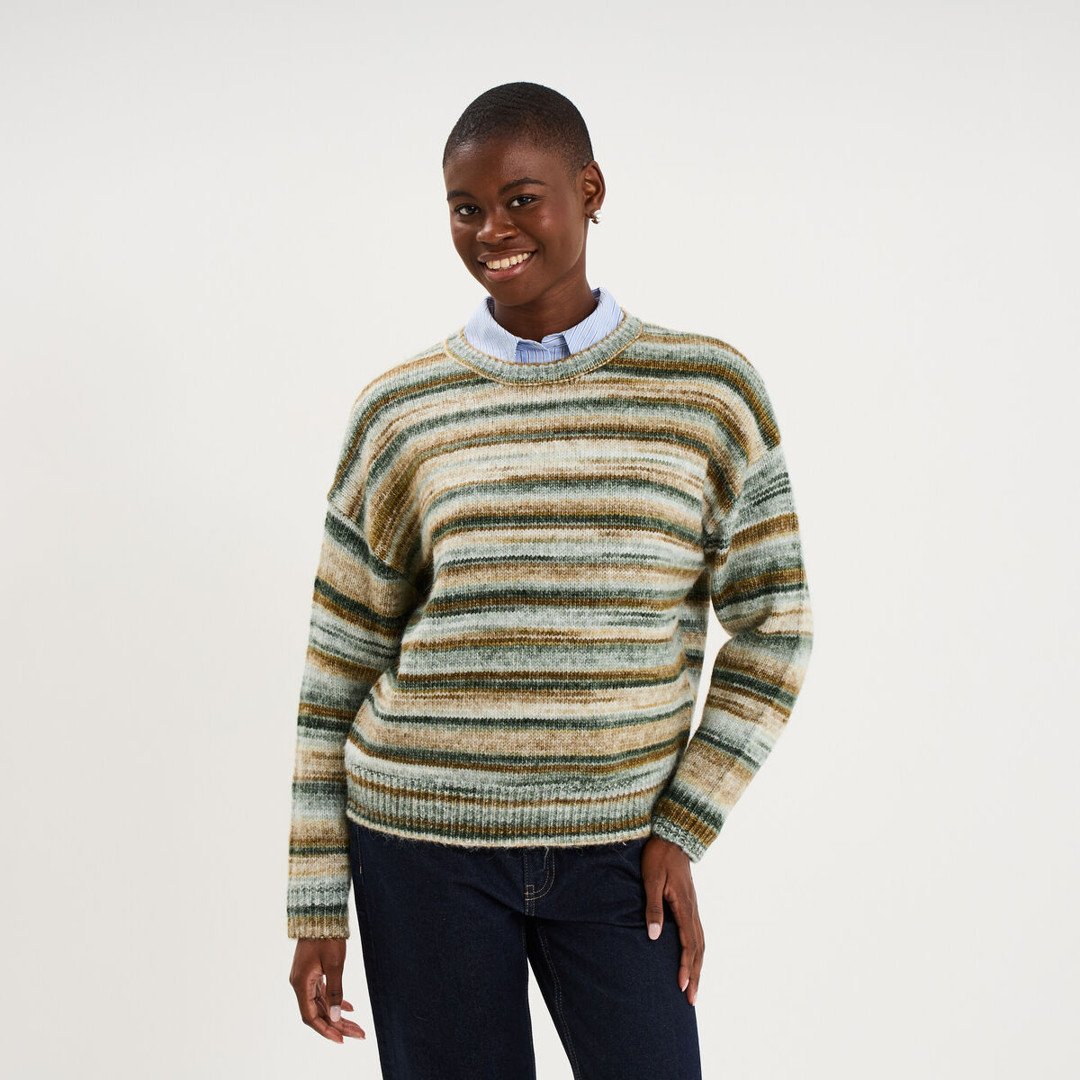 Pull col rond manches longues vert menthe femme