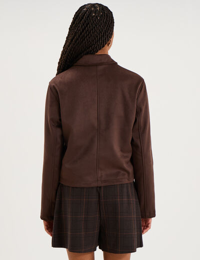 Veste paletot en su&eacute;dine boutonn&eacute;e marron fonc&eacute; femme