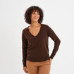 Pull col en V manches longues marron fonc&eacute; femme