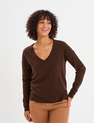 Pull col en V manches longues marron fonc&eacute; femme