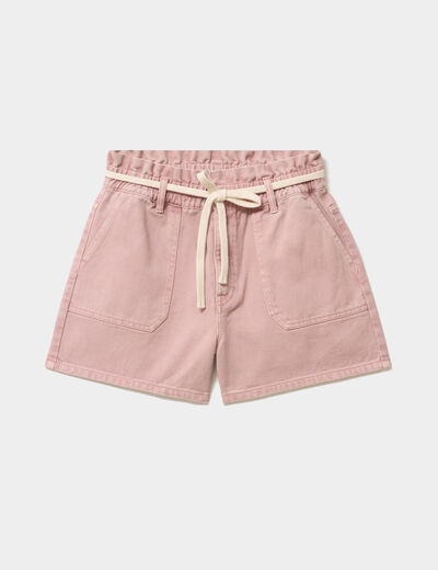 Short mom ceinture cordon coton rose poudr&eacute;e femme