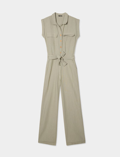 Combinaison pantalon ceinturée lin vert kaki femme