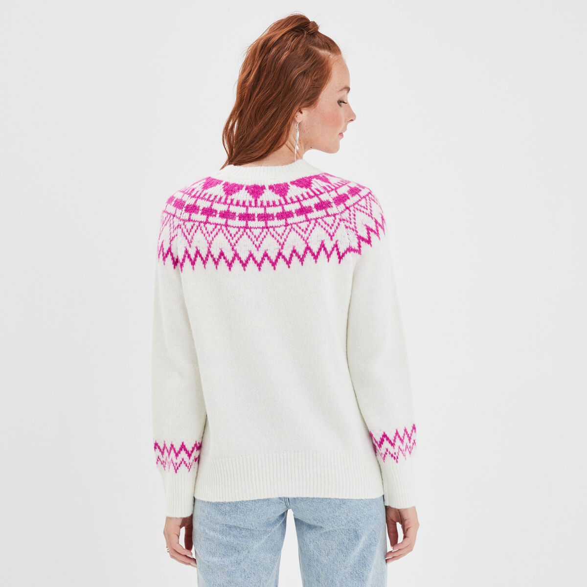 Pull jacquard col rond Creeks blanc femme
