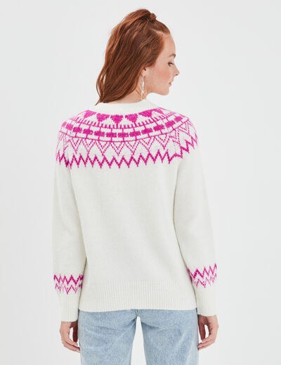 Pull jacquard col rond Creeks blanc femme