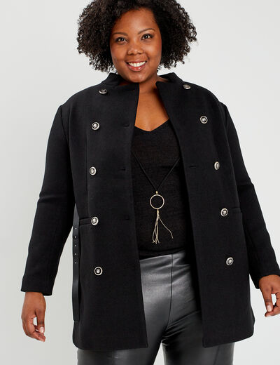 Manteau esprit officier droit ceinturé noir femme grande taille