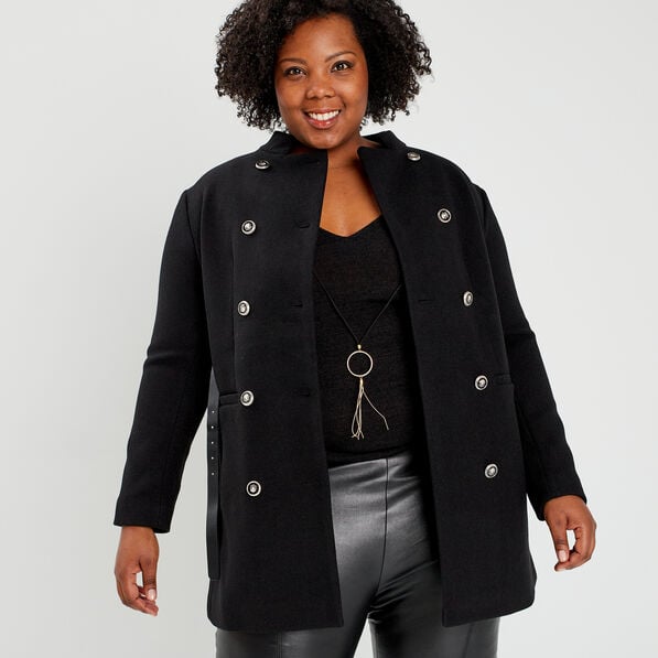 manteau esprit officier droit ceinture noir femmegt Manteau esprit officier droit ceinturé noir femme grande taille