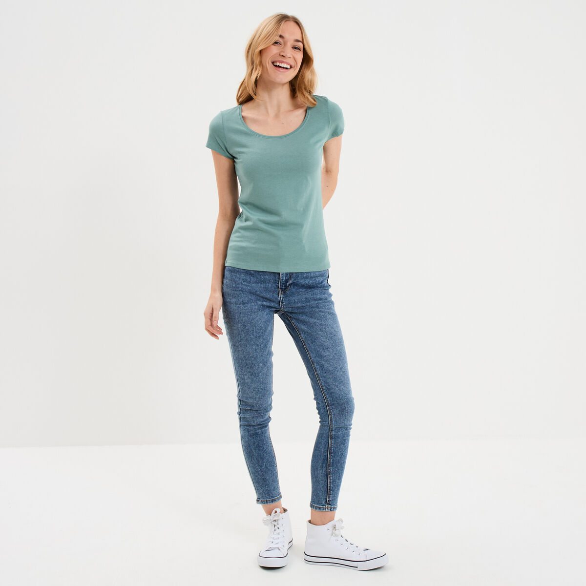 T-shirt coton col rond manches courtes bleu gris femme