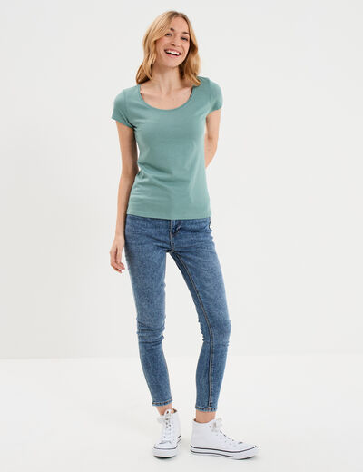 T-shirt coton col rond manches courtes bleu gris femme