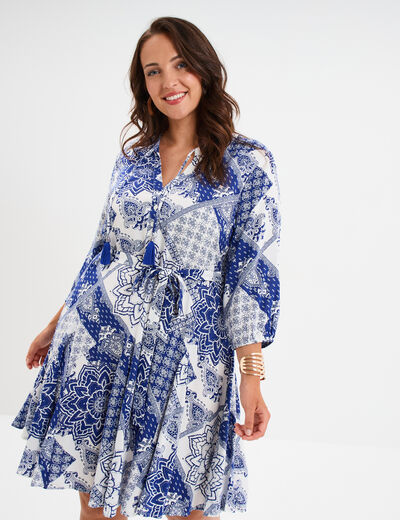 Robe fluide évasée col tunisien bleu femme grande taille