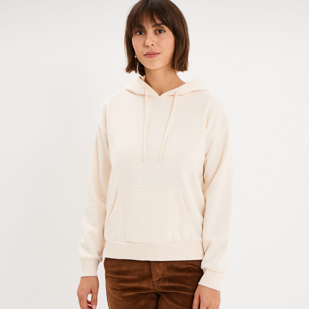 Sweat hoodie 1 poche &agrave; capuche beige femme