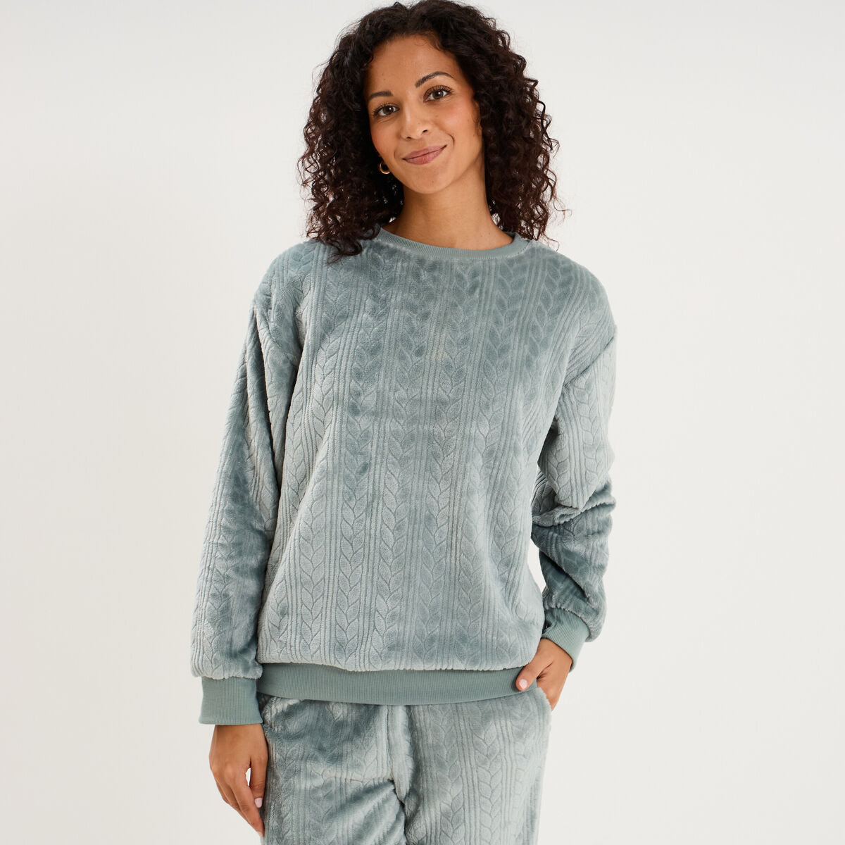 Haut de pyjama sweat polaire torsad&eacute; bleu gris femme