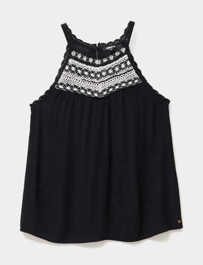 Blouse col effet macramé noir femme