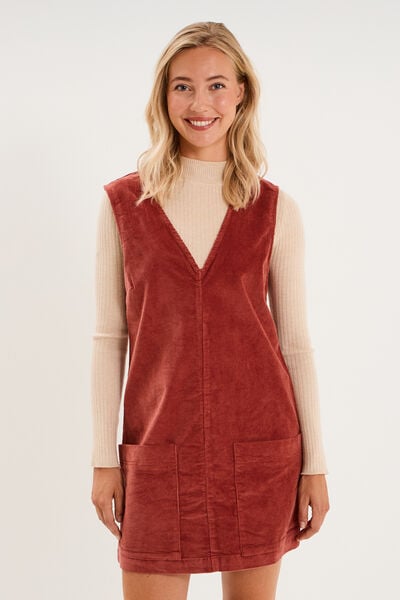 Robe chasuble courte effet velours rouge fonc&eacute; femme
