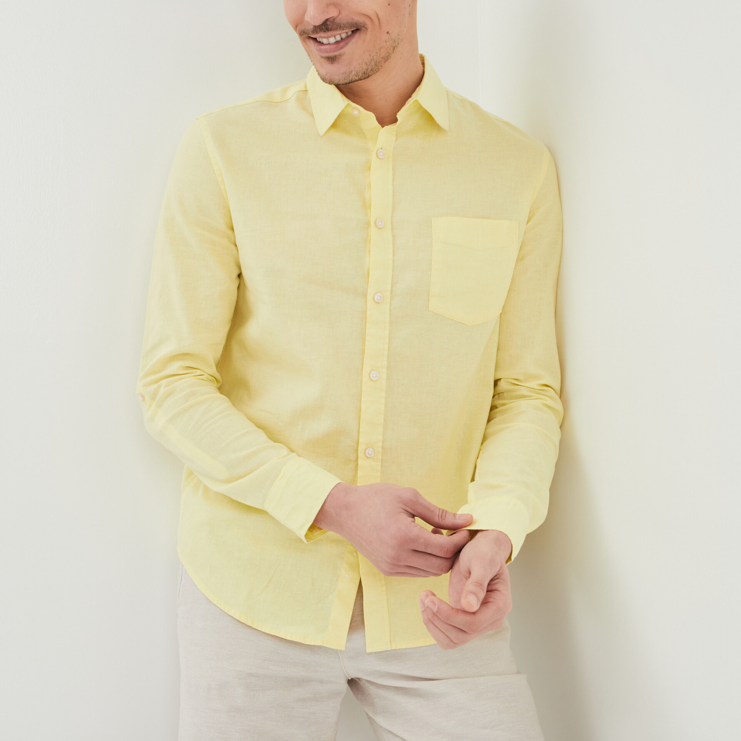 Chemise manches longues lin majoritaire jaune clair homme LH