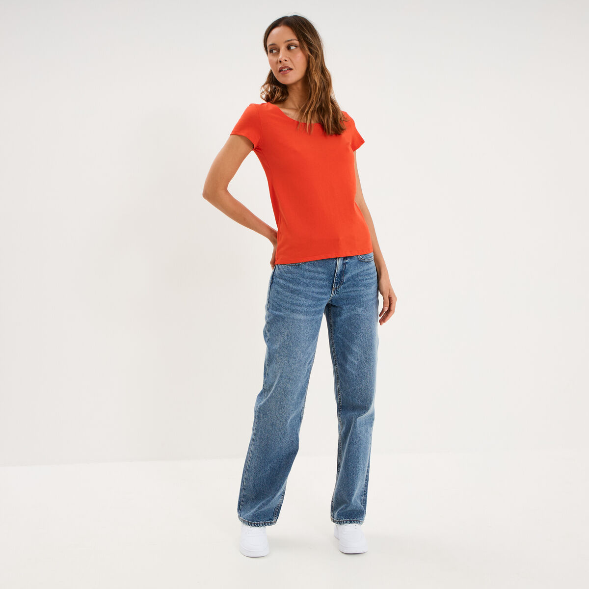 T-shirt coton col rond manches courtes orange femme