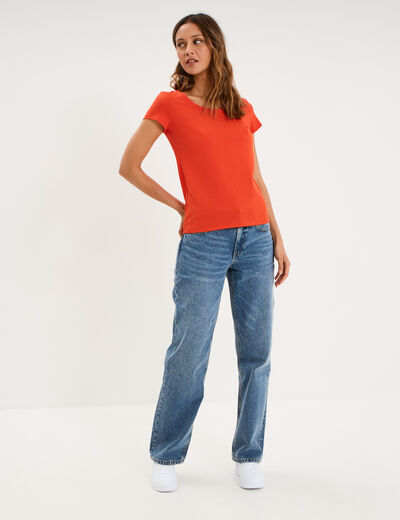 T-shirt coton col rond manches courtes orange femme