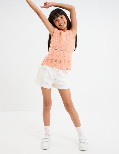 Short brodé taille élastiquée coton ecru fille