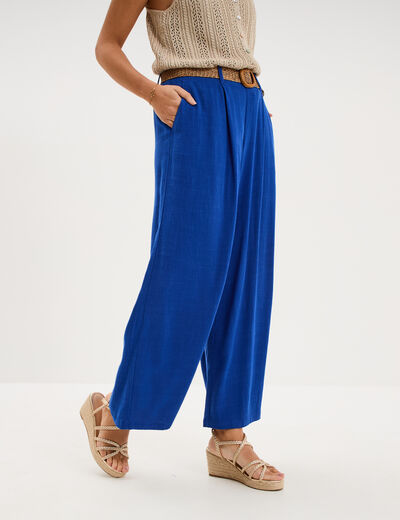 Pantalon large &agrave; pinces ceinture tress&eacute;e bleu electrique femme