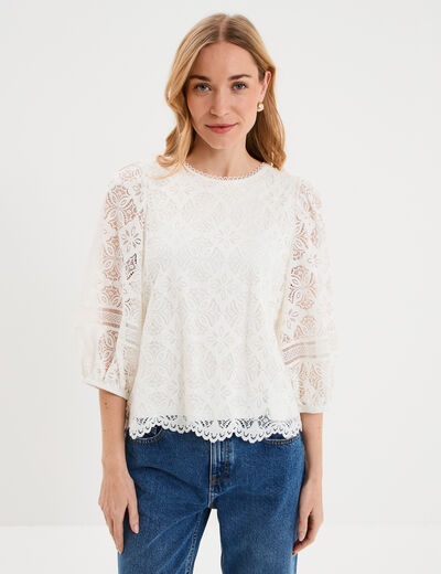 Blouse dentelle manches 3/4 blanc femme