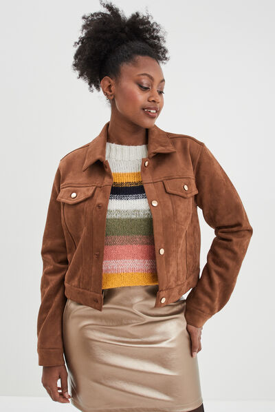 Veste suédine ajustée boutonnée marron foncé femme