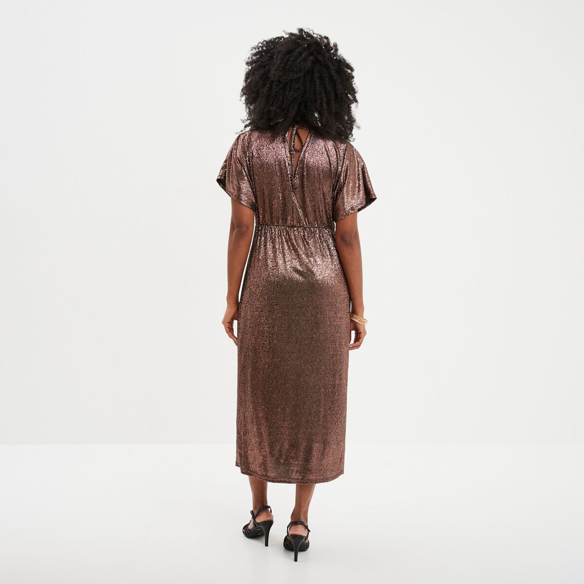 Robe évasée midi dos et col en V terracotta femme