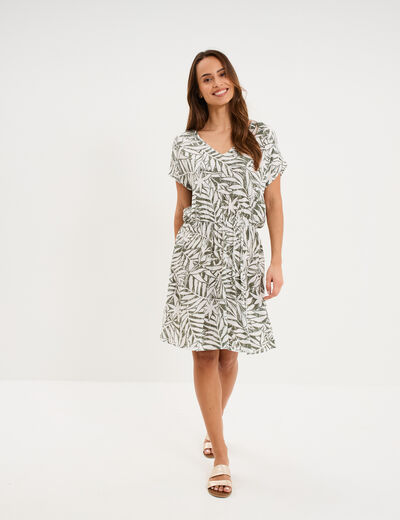 Robe caftant courte col en V vert kaki femme