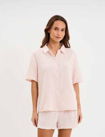 Ensemble pyjama chemise et short coton rose clair femme