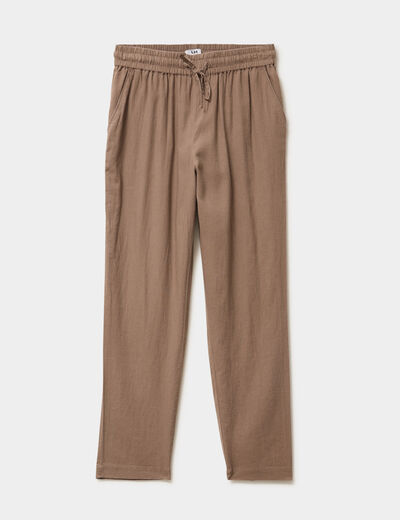 Pantalon droit 7/8&egrave;me lin m&eacute;lang&eacute; marron clair femme
