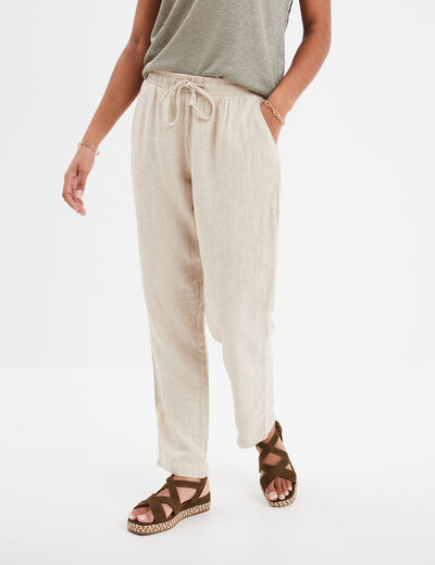 Pantalon en lin droit 7/8ème beige femme