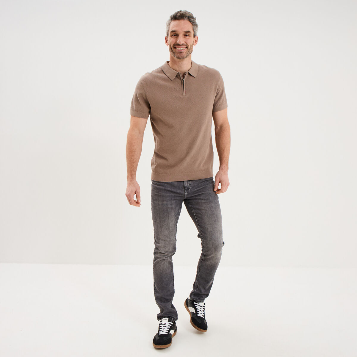 Polo col zipp&eacute; manches courtes coton marron homme