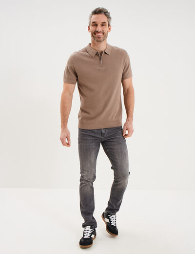 Polo col zipp&eacute; manches courtes coton marron homme