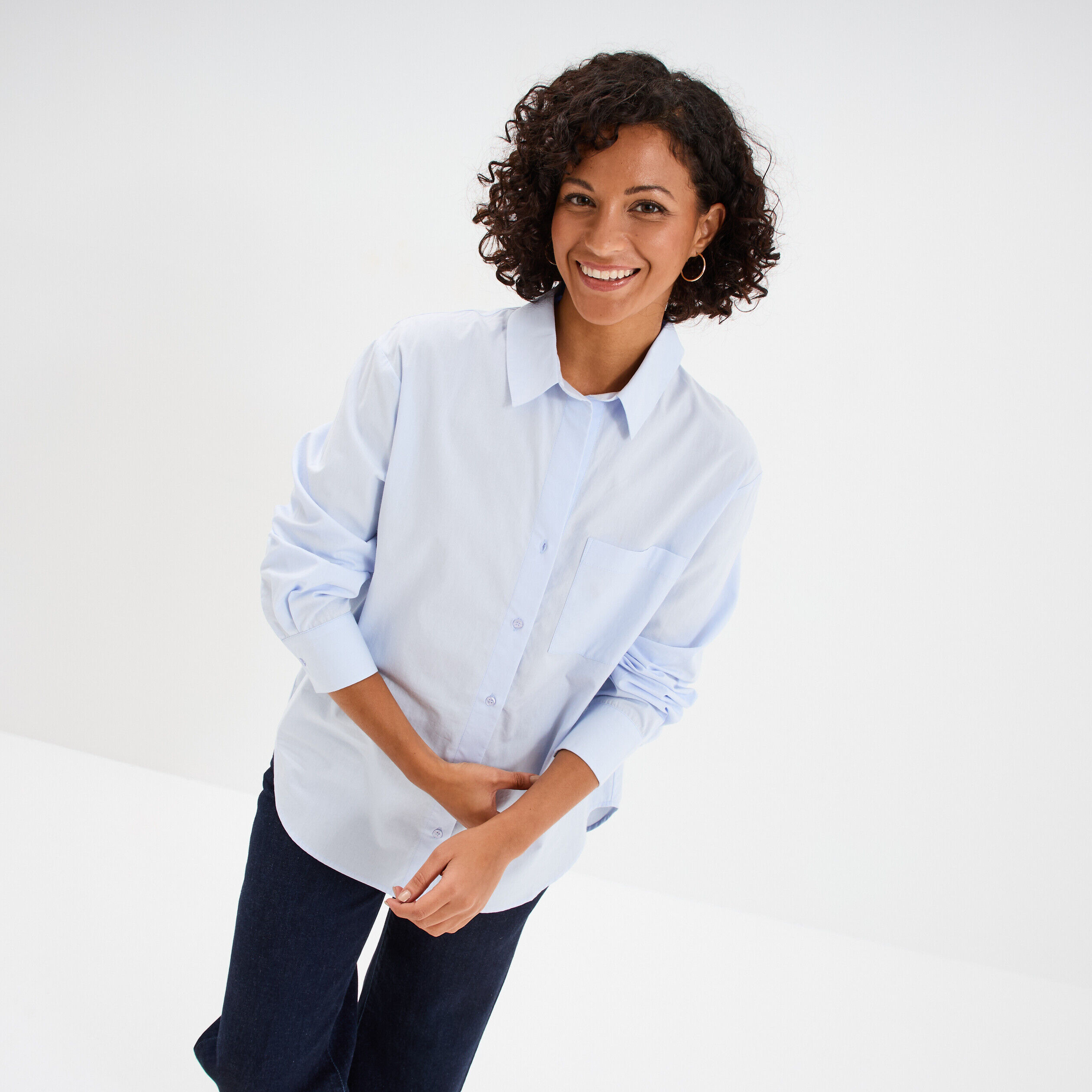 Chemise oversize 1 poche coton bleu ciel femme LH