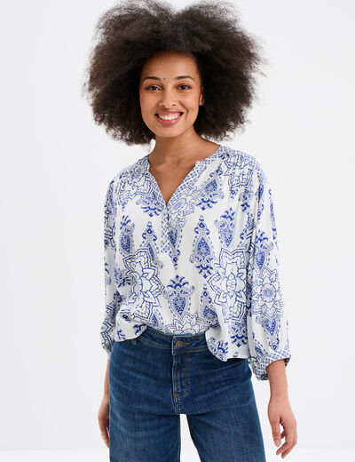 Blouse fluide col tunisien blanc femme