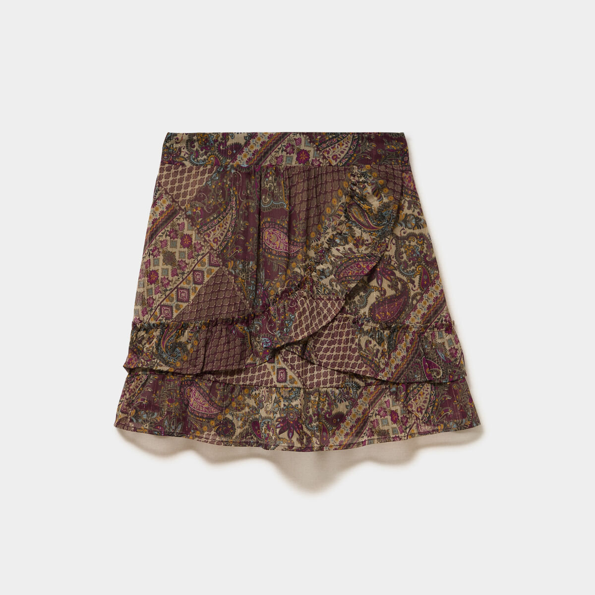 Jupe fluide courte &agrave; volants vert kaki femme