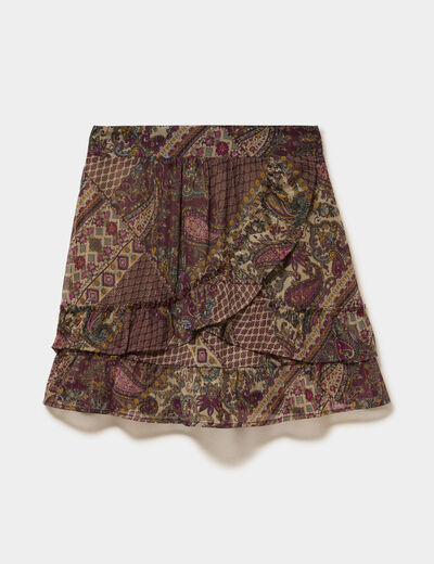 Jupe fluide courte &agrave; volants vert kaki femme