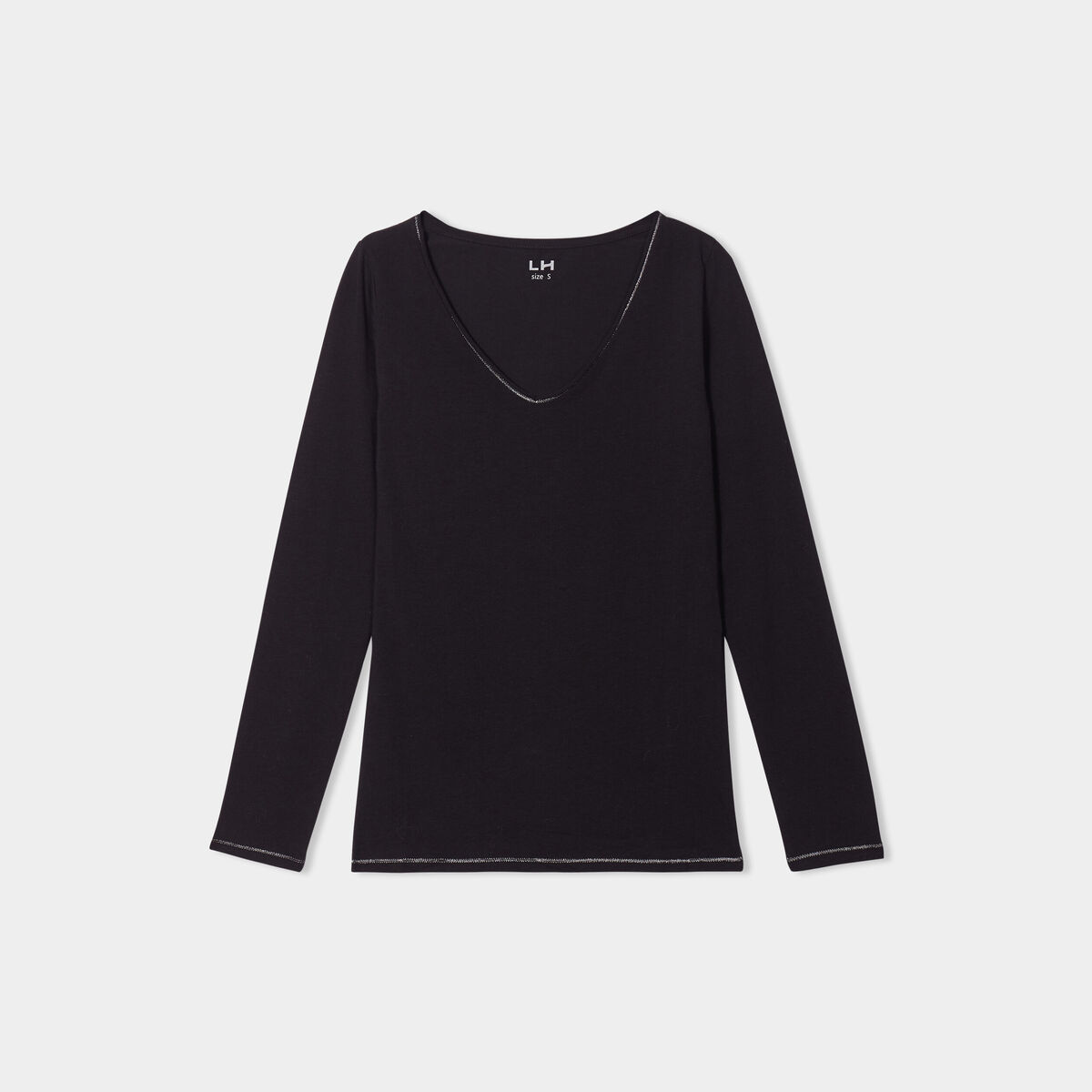 T-shirt manches longues col en V coton noir femme