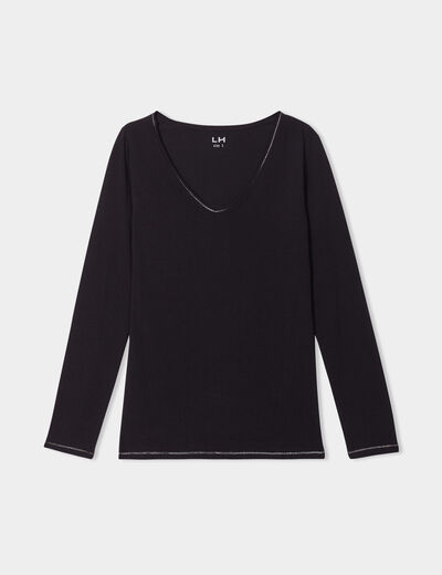T-shirt manches longues col en V coton noir femme