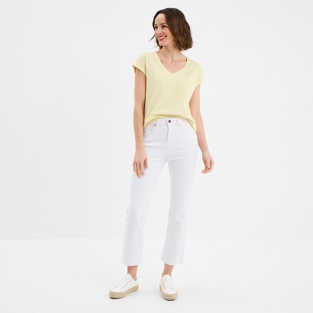 Pantalon flare 7/8&egrave;me taille haute blanc femme