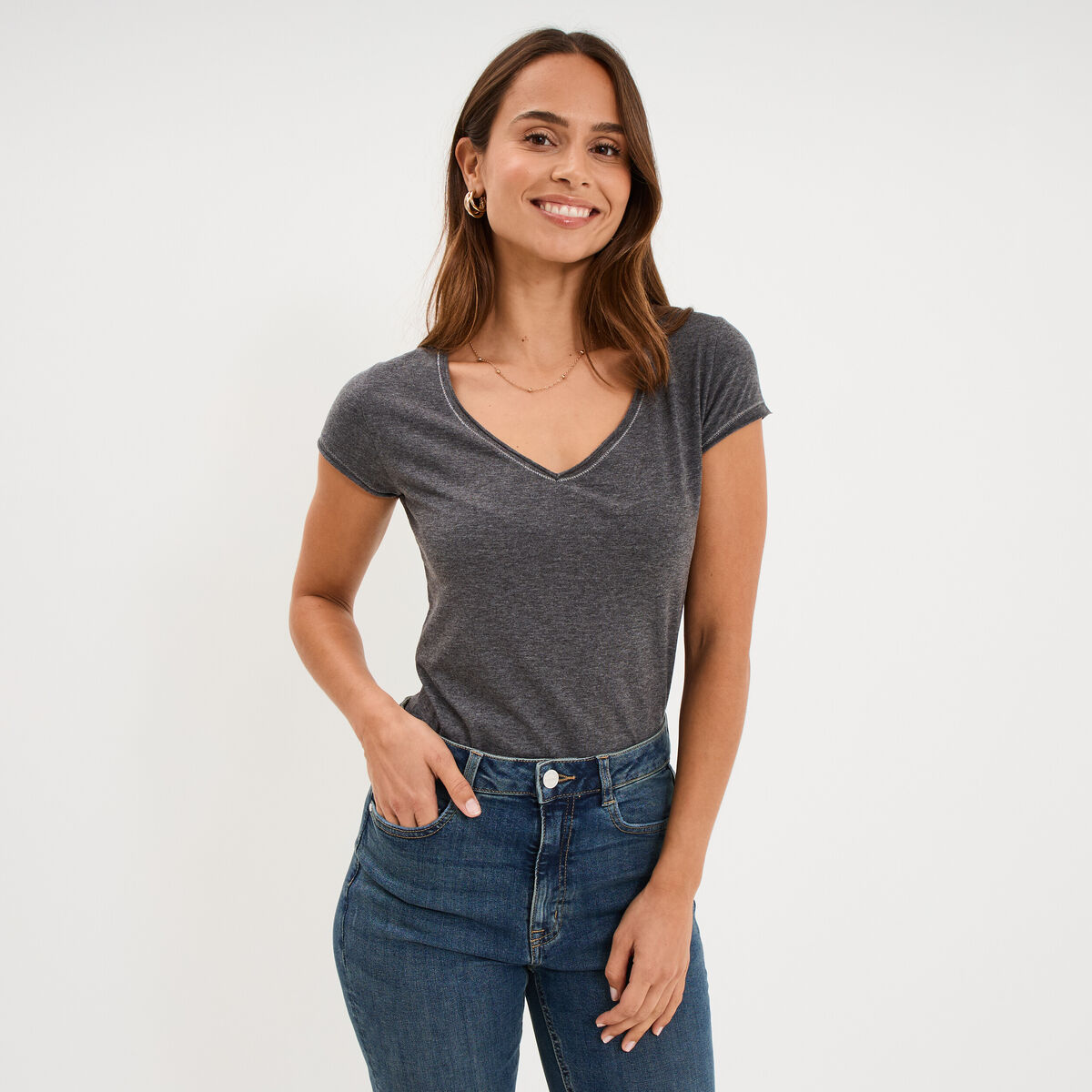 T-shirt manches courtes gris fonc&eacute; femme