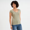 T-shirt col V ajusté manches courtes vert kaki femme