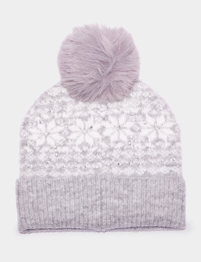 Bonnet à pompon fourrure et strass gris femme