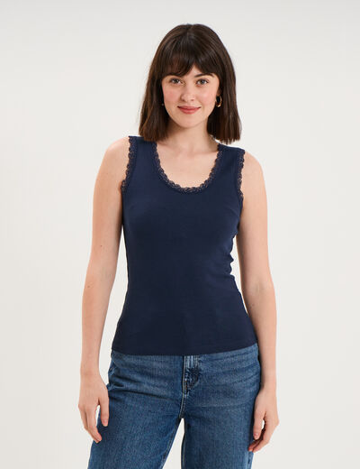 D&eacute;bardeur coton bords dentelle bleu marine femme