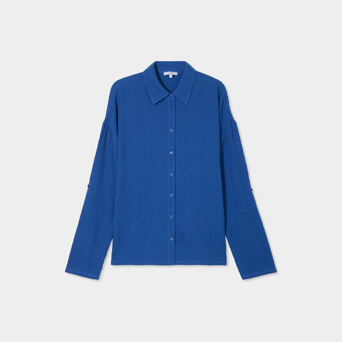 Chemise manches longues en gaze de coton bleu marine femme