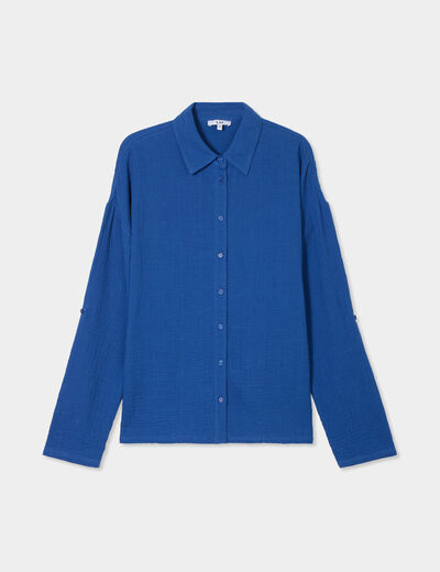 Chemise manches longues en gaze de coton bleu marine femme