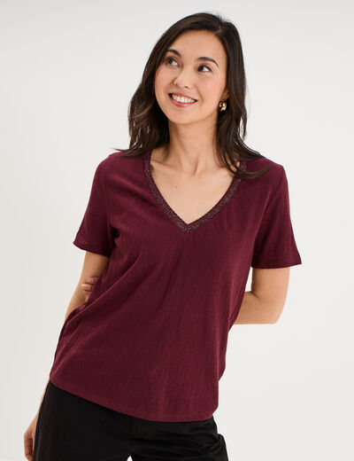 T-shirt col en V manches courtes violet fonc&eacute; femme