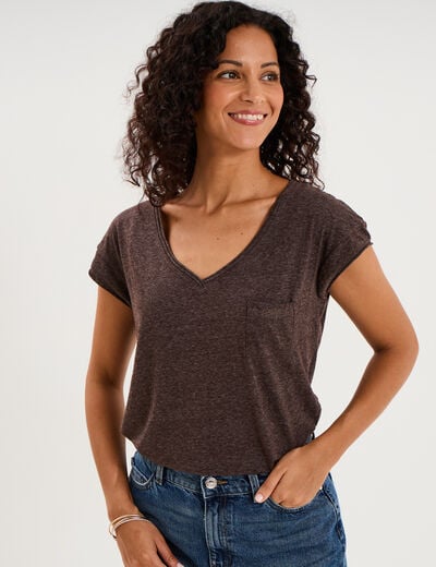 T-shirt col v poche poitrine marron fonc&eacute; femme
