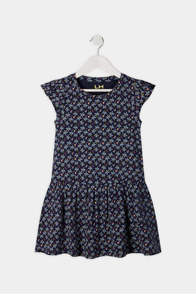 Robe courte évasée à volants bleu marine fille