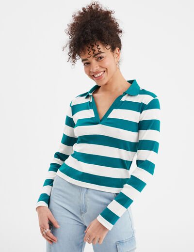 T-shirt col polo manches longues Creeks vert émeraude femme