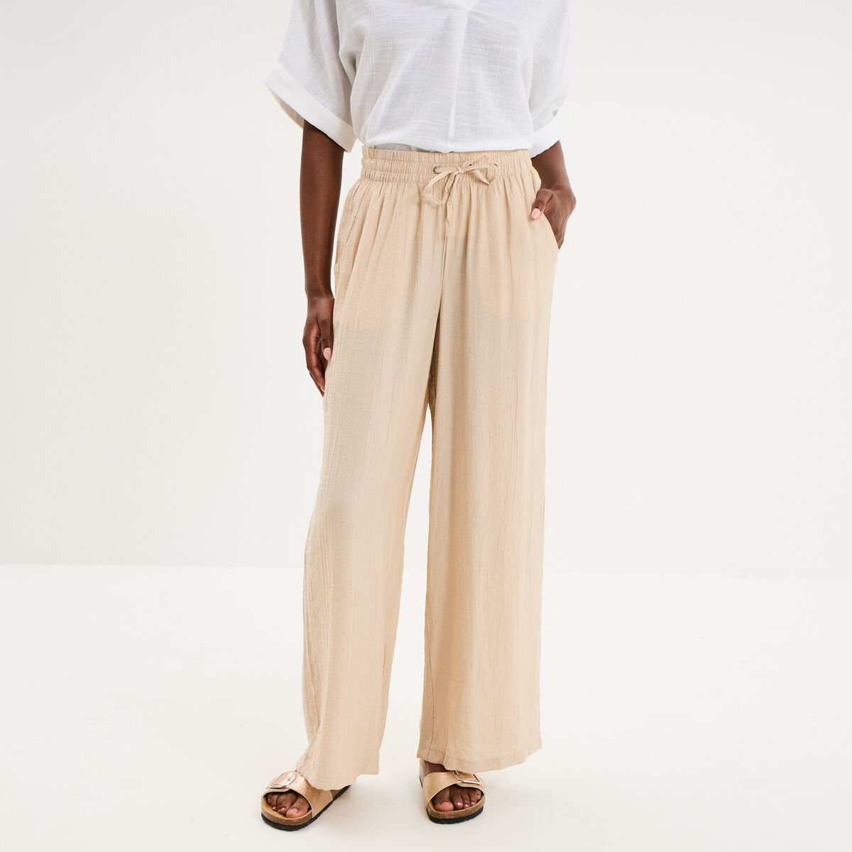 Pantalon large fluide taille &eacute;lastiqu&eacute;e beige femme